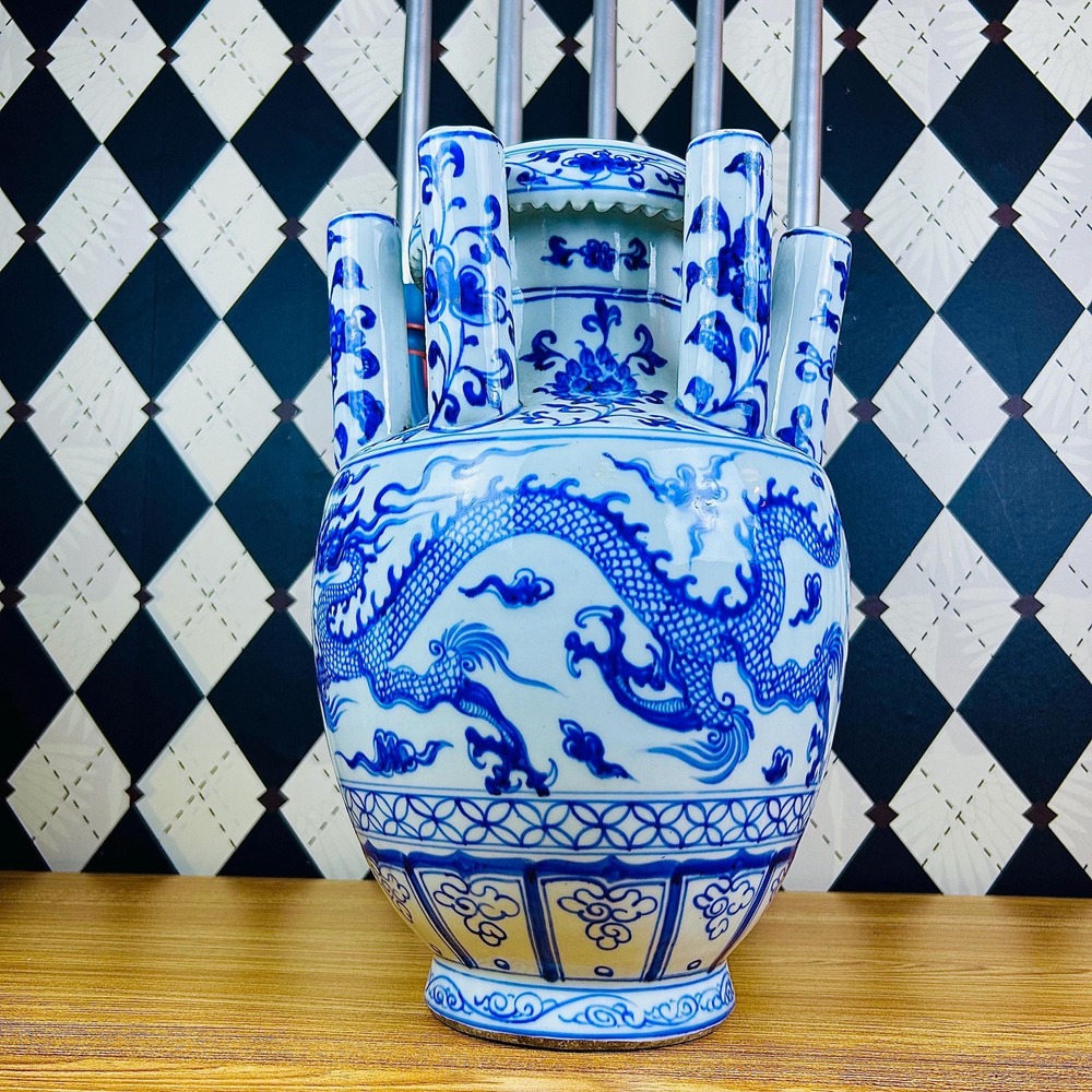 Grand Tulipière 15" Blue & White Chinoiserie Dragon Vase Porcelain Multi-Spout - Picture 17 of 17